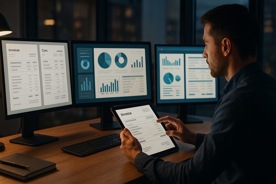Professioneller Arbeitsplatz mit mehreren Bildschirmen, auf denen Rechnungsvergleiche, Diagramme und strukturierte Datenfelder zu sehen sind, moderne Büroumgebung, Tageslicht, fokussierte Atmosphäre