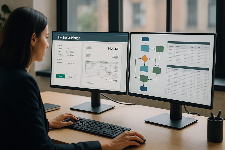 Detailansicht eines modernen Arbeitsplatzes mit zwei Monitoren, auf denen Rechnungsvalidierungssoftware und Prozess-Workflows zu sehen sind, im Vordergrund eine Tastatur und ein Tablet mit Geschäftsdiagrammen, professionelle Büroatmosphäre mit gedämpftem Licht