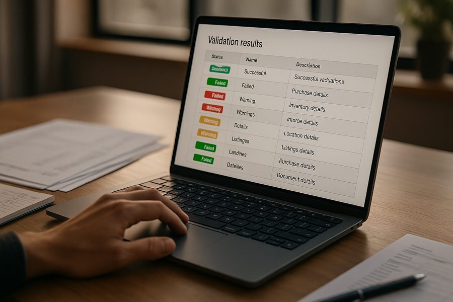 Nahaufnahme eines modernen Arbeitsplatzes mit aufgeklapptem Laptop auf Schreibtisch, Bildschirm zeigt übersichtliche Prüftabelle mit Validierungsergebnissen und Statusfeldern in Grün Rot Gelb, Hand bedient Trackpad, seitlich liegende Dokumente und Notizblock mit Stift, warme natürliche Beleuchtung von der Seite, professionelle analytische Atmosphäre, ruhige sachliche Bildstimmung