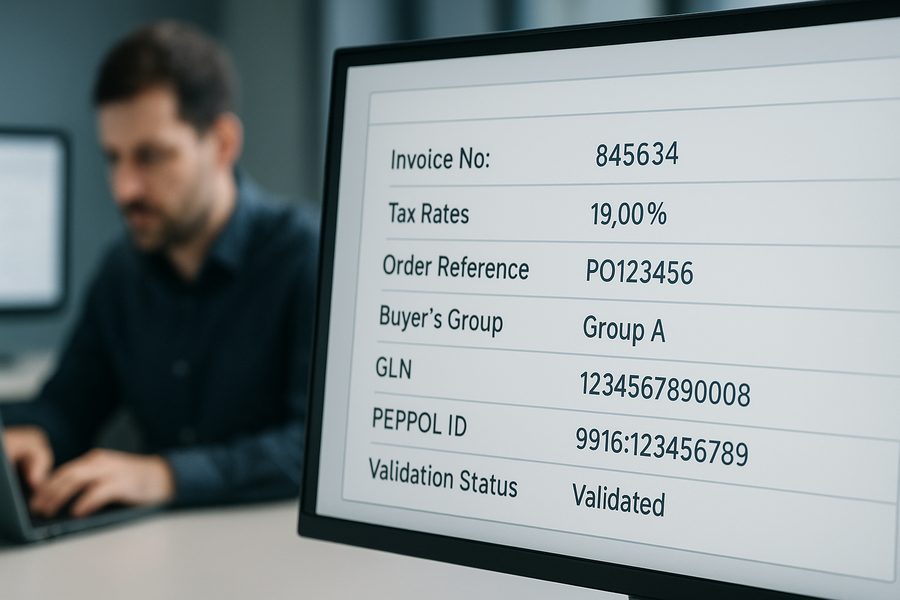 Detailansicht eines modernen Arbeitsplatzes mit Monitor, auf dem strukturierte Rechnungsdaten und Validierungsprozesse zu sehen sind, professionelle Person analysiert digitale Dokumente, Tablet mit Diagrammen, helle Büroumgebung, natürliche Beleuchtung, klare Komposition, fotorealistisch ohne Text oder Logos