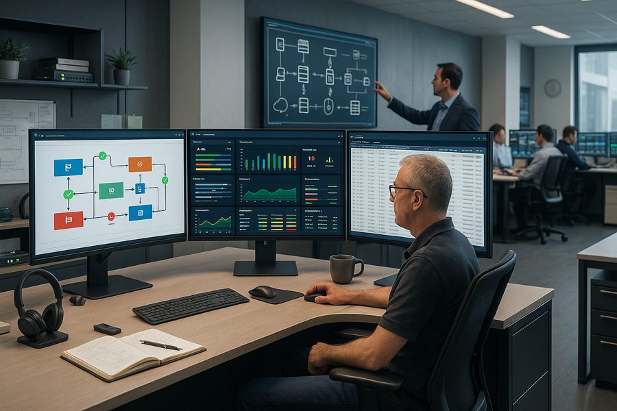 Mitarbeiter überwacht an drei Monitoren Prozess-Workflow und Performance-Dashboards, während im Hintergrund ein Kollege am Bildschirm Abläufe erklärt.