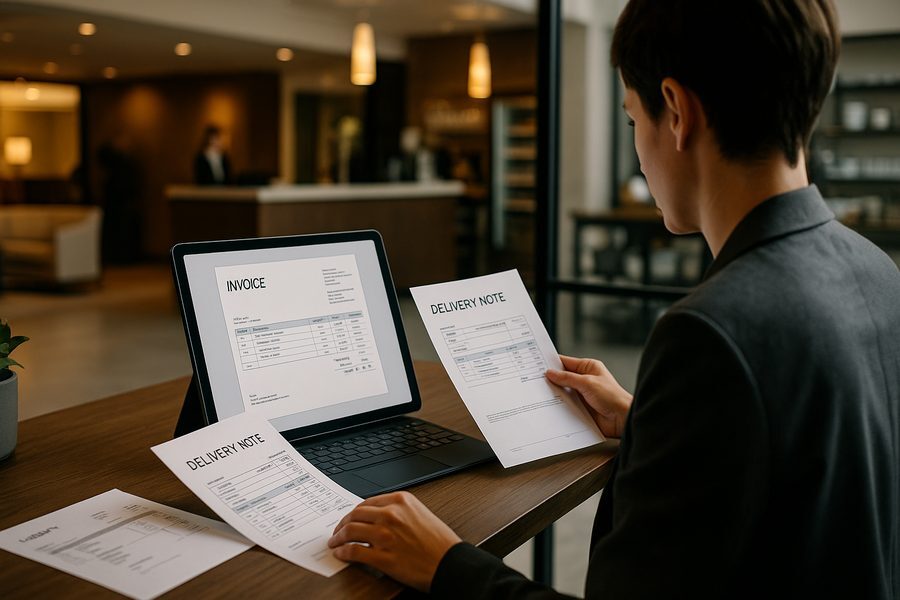 Moderne Hotellobby mit Empfangsbereich und digitaler Rechnungsverwaltung auf Tablet durch Mitarbeiterin in professioneller Atmosphäre mit warmem Licht und klarer Struktur