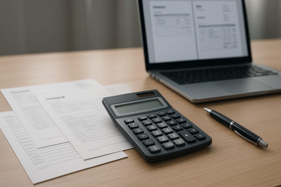 Detailansicht eines aufgeräumten Schreibtisches mit ausgedruckten Rechnungen, Taschenrechner, Stift und geöffnetem Laptop, auf dem ein Validierungsbericht sichtbar ist