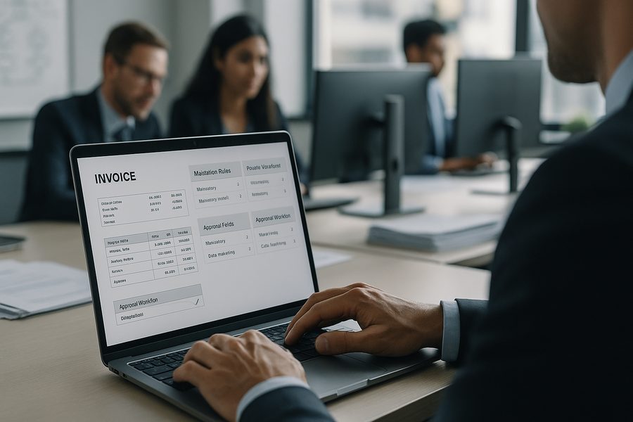 Nahaufnahme professioneller Hände an modernem Laptop in internationaler Büroumgebung, auf Bildschirm klar strukturierte Rechnungsdaten mit sichtbaren Validierungsregeln, Workflow-Diagrammen und Pflichtfeldern, im Hintergrund unscharf weitere Personen in Geschäftskleidung konzentriert arbeitend, natürliche Beleuchtung von der Seite, ruhige Farbgebung in Grau-, Weiß- und Blautönen, Atmosphäre vermittelt Datenqualität, Prozessklarheit und internationale Zusammenarbeit