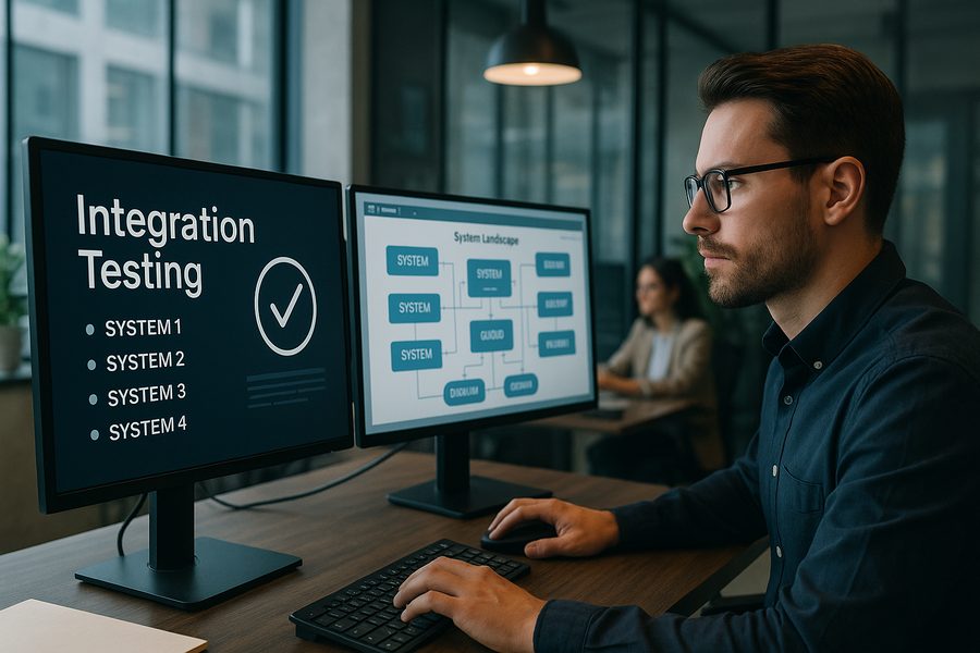 Hightech-Monitoring-Dashboard mit Echtzeit-Rechnungsfluss-Visualisierungen, Status-Indikatoren, Fehlerbehandlungs-Logs und Compliance-Metriken auf mehreren Bildschirmen, archivierte Aktenordner im Hintergrund, professionelle Büroumgebung mit blauer und grüner Beleuchtung