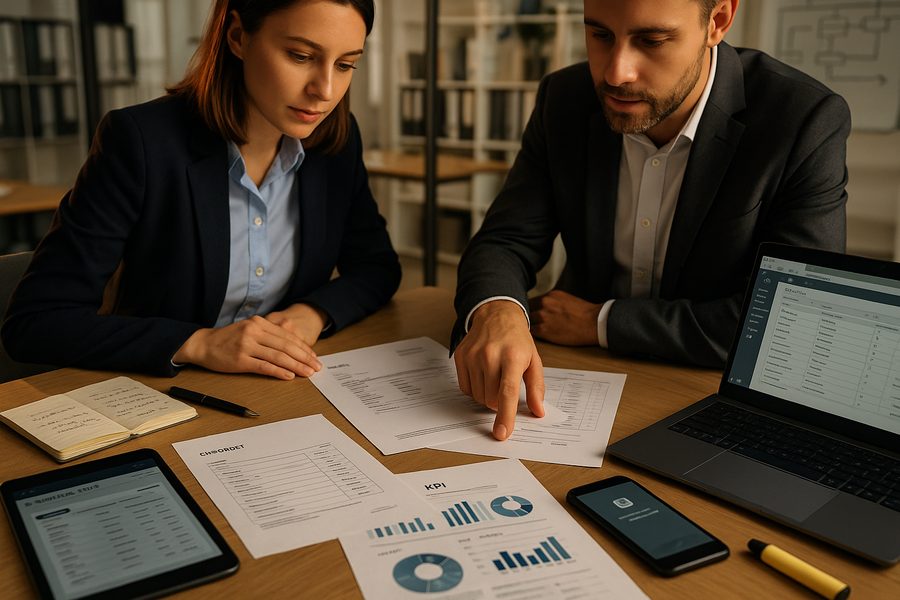 Zwei Mitarbeitende prüfen am Tisch KPI-Reports und Dokumente, ein Kollege zeigt auf Kennzahlen, daneben liegen Laptop, Tablet und Smartphone.