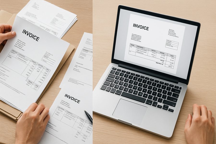 Vergleich zwischen herkömmlicher PDF-Rechnung und strukturierter E-Rechnung mit Workflow-Darstellung und automatisierter Verarbeitung im modernen Büro
