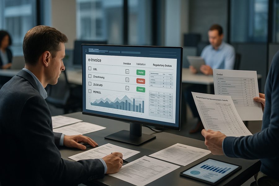 Finanzteam bei der Analyse von E-Rechnungsformaten und Vergleich verschiedener Übertragungswege an modernen Workstations mit Dashboards und Validierungs-Tools
