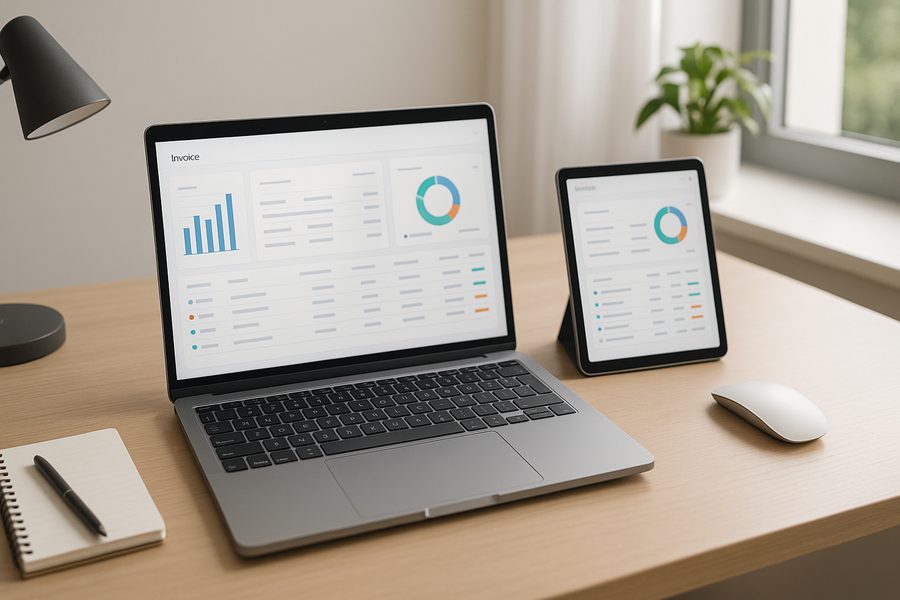 Moderner Büroarbeitsplatz mit aufgeräumtem Schreibtisch, geöffnetem Laptop und Tablet, das eine übersichtliche Rechnungsübersicht zeigt, helles Tageslicht durch Fenster