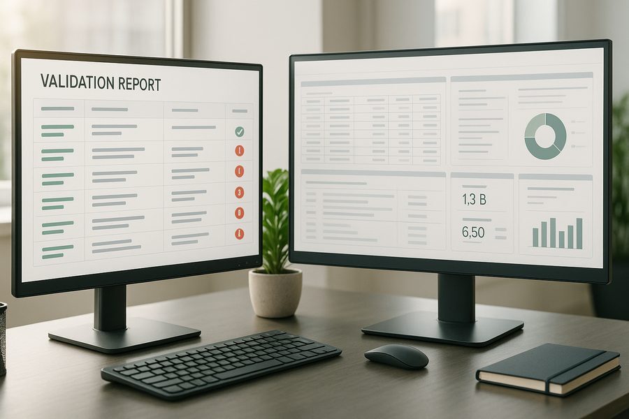 Zwei große Computerbildschirme auf modernem Schreibtisch zeigen farbcodierte Validierungsergebnisse in grün und rot sowie strukturierte Prüfberichte, helles Büro mit Fenster und grüner Topfpflanze, professionelle Arbeitsumgebung
