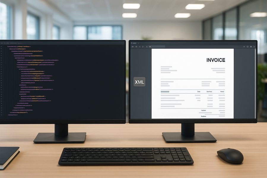 Vergleich zwischen XRechnung als XML-Code und ZUGFeRD als PDF mit eingebettetem Datensatz auf zwei Bildschirmen nebeneinander in professionellem Büro, moderne Arbeitsumgebung mit Fokus auf digitale Rechnungsformate