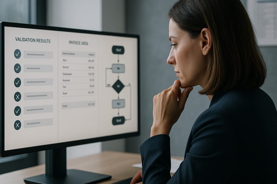 Detailansicht eines Bildschirms mit strukturierten Validierungsergebnissen und Workflow-Diagramm, professionelle Arbeitsumgebung mit natürlichem Licht und fokussiertem Arbeitsplatz