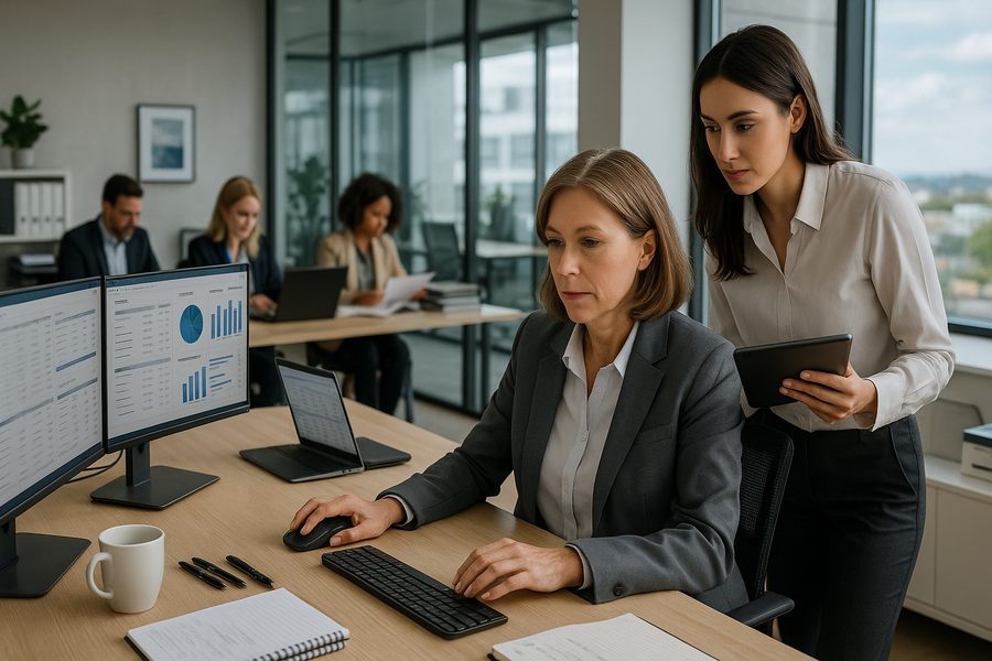 Professionelles Finance-Team analysiert digitale Dashboards und Zahlungsströme in modernem Büro, mehrere Bildschirme zeigen ERP-Systeme und Treasury-Übersichten, strukturierte Dokumentenablage, konzentrierte Arbeitsatmosphäre, natürliches Tageslicht, Teamarbeit an Schreibtischen
