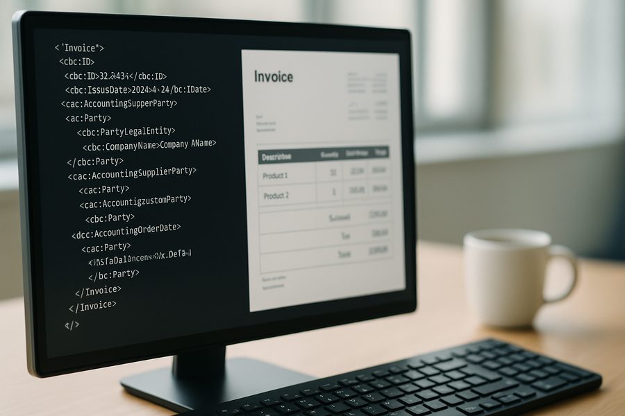 Nahaufnahme eines Computerbildschirms mit strukturierten XML-Daten und Tabellen in hellem Büroumfeld mit Tageslicht