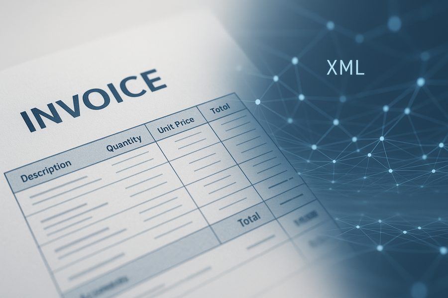 Nahaufnahme eines Geschäftsdokuments mit visueller Rechnung und symbolischer XML-Datenstruktur, zeigt hybride E-Rechnungsverarbeitung mit PDF und eingebetteten strukturierten Daten für Finance-Prozesse