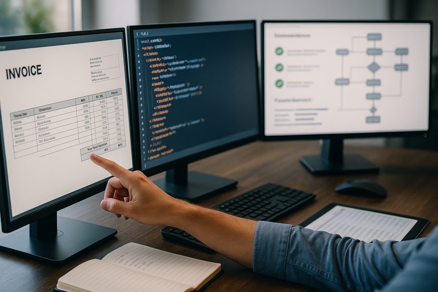 Detailansicht eines modernen Arbeitsplatzes mit mehreren Monitoren, auf denen XML-Validierungen, Workflow-Diagramme und strukturierte Rechnungsdaten sichtbar sind, professionelle Atmosphäre mit klarer Beleuchtung
