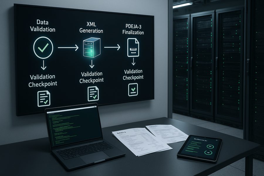 Darstellung eines kompletten Rechnungsgenerationsprozesses: Datenmodul wird validiert, XML wird mit lxml erzeugt, HTML wird mit WeasyPrint zu PDF gerendert, pikepdf fügt XML ein, Validierungs-Tool prüft die Ausgabe, Rechnung wird archiviert oder versandt.