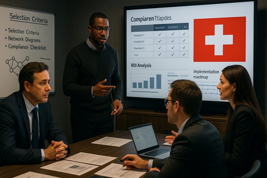 Team in einem Konferenzzimmer evaluiert E-Rechnungs-Lösungen, vergleicht Standards auf Whiteboards und Bildschirmen, diskutiert ROI und Anforderungen.